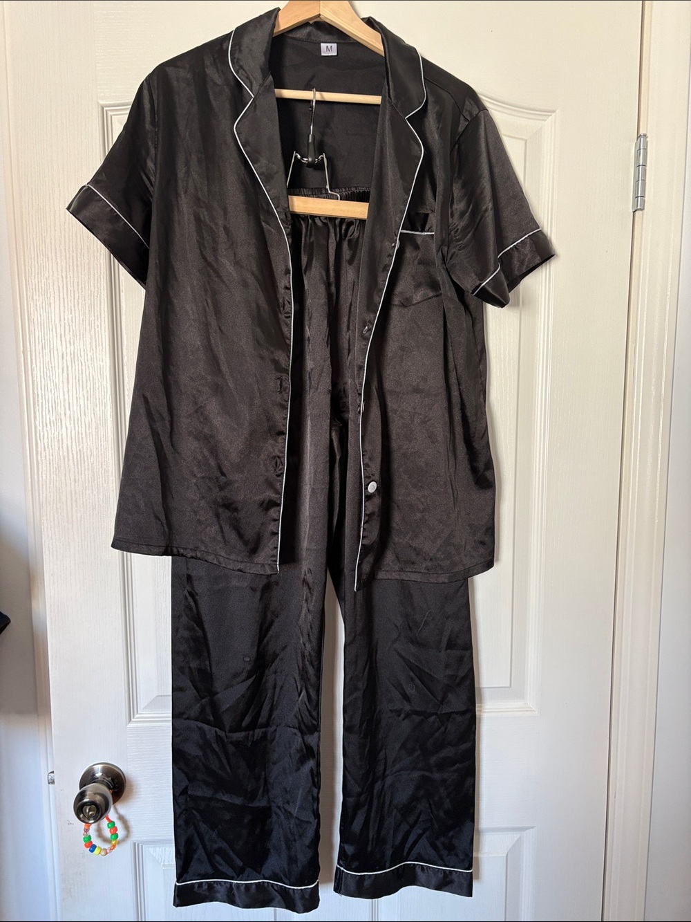 Women's Satin Two-Piece Pajama Set - Black with Contrast Piping